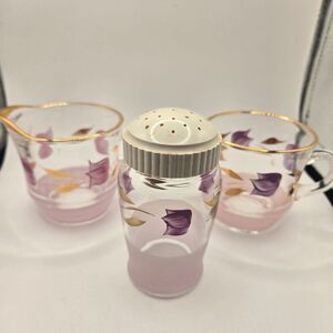 Vintage Glass Creamer Sugar Shaker Set Gold Rim Hand-Painted Purple Floral